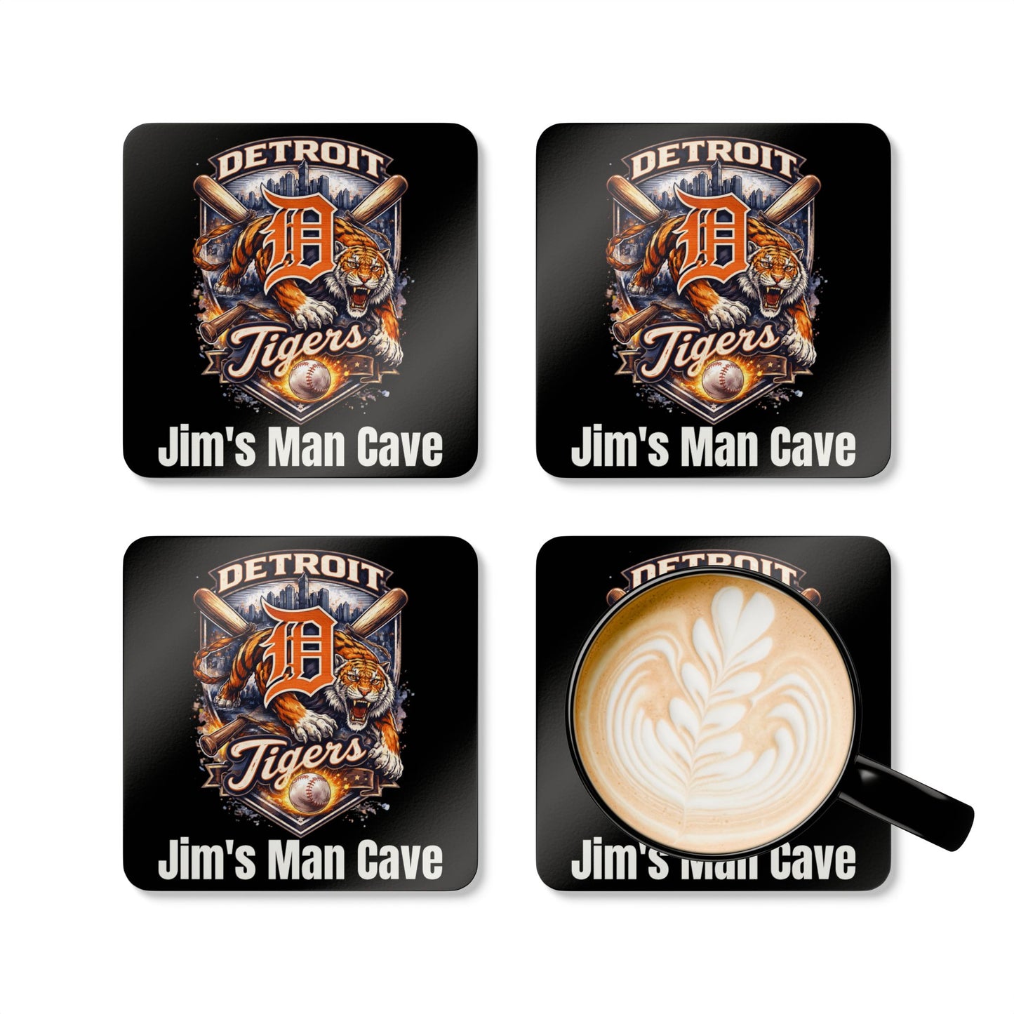 Detroit Tigers Cork Coaster Set — Personalized "Jim's Man Cave" Bar Coasters, Valentine's Day Gift for Him, Father's Day, Birthday