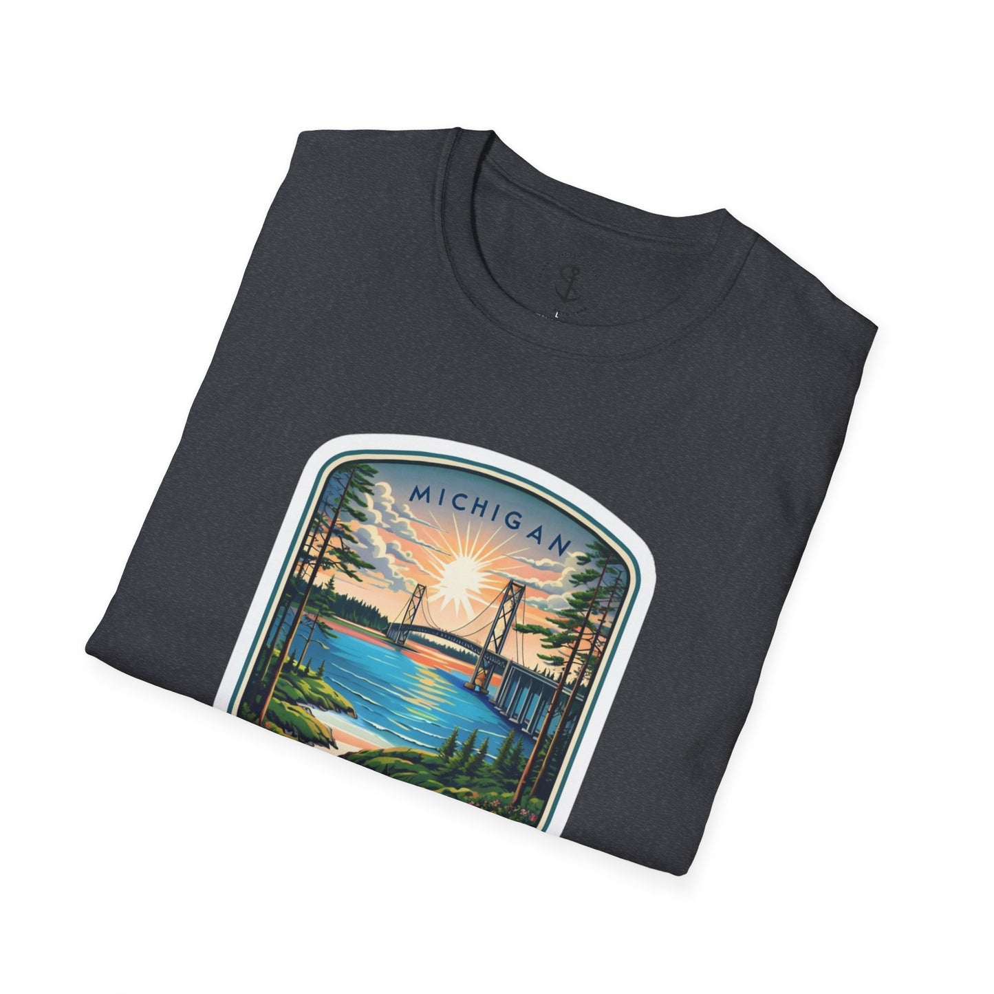 Michigan Mackinac Bridge Unisex Softstyle T-Shirt, Upper Peninsula Souvenir Gift Tee, Great Lakes Travel Shirt, Michigan Bridge Graphic Tee