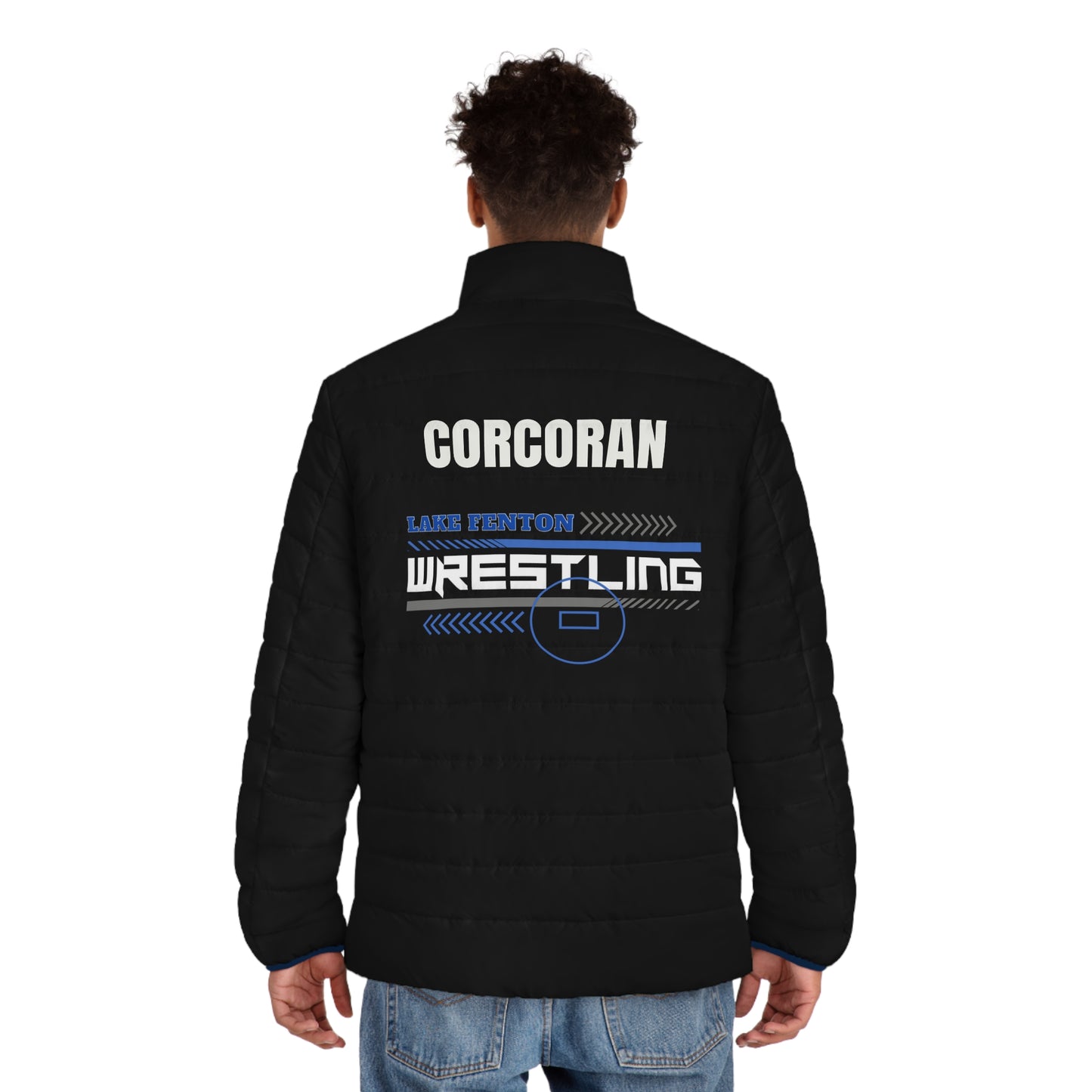 Lake Fenton Wrestling Name Puffer Jacket | Wrestling Sleeve Logo, Blue Devils, Customize, Personalize,