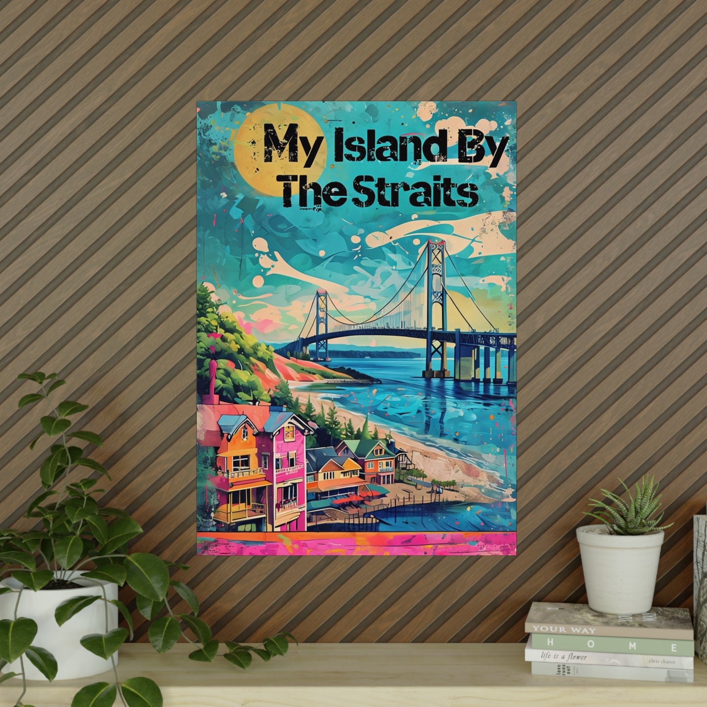 Michigan Landscape Poster, Mackinac Island Wall Art, Bridge Print, Great Lakes Decor, Straits of Mackinac Art, Island Travel Souvenir,