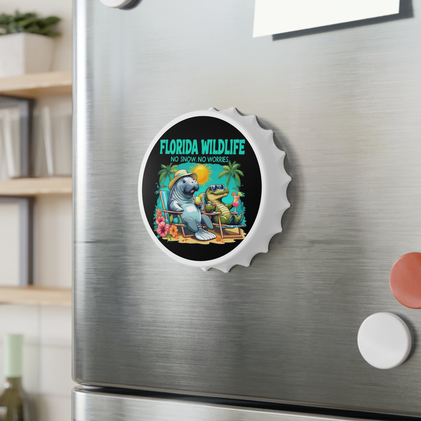 Bottle Opener - Florida Retirement Wildlife Beach Theme, Alligator Man Cave Cocktails No Snow Manatee Snowbirds, Gift for Beach Lover,