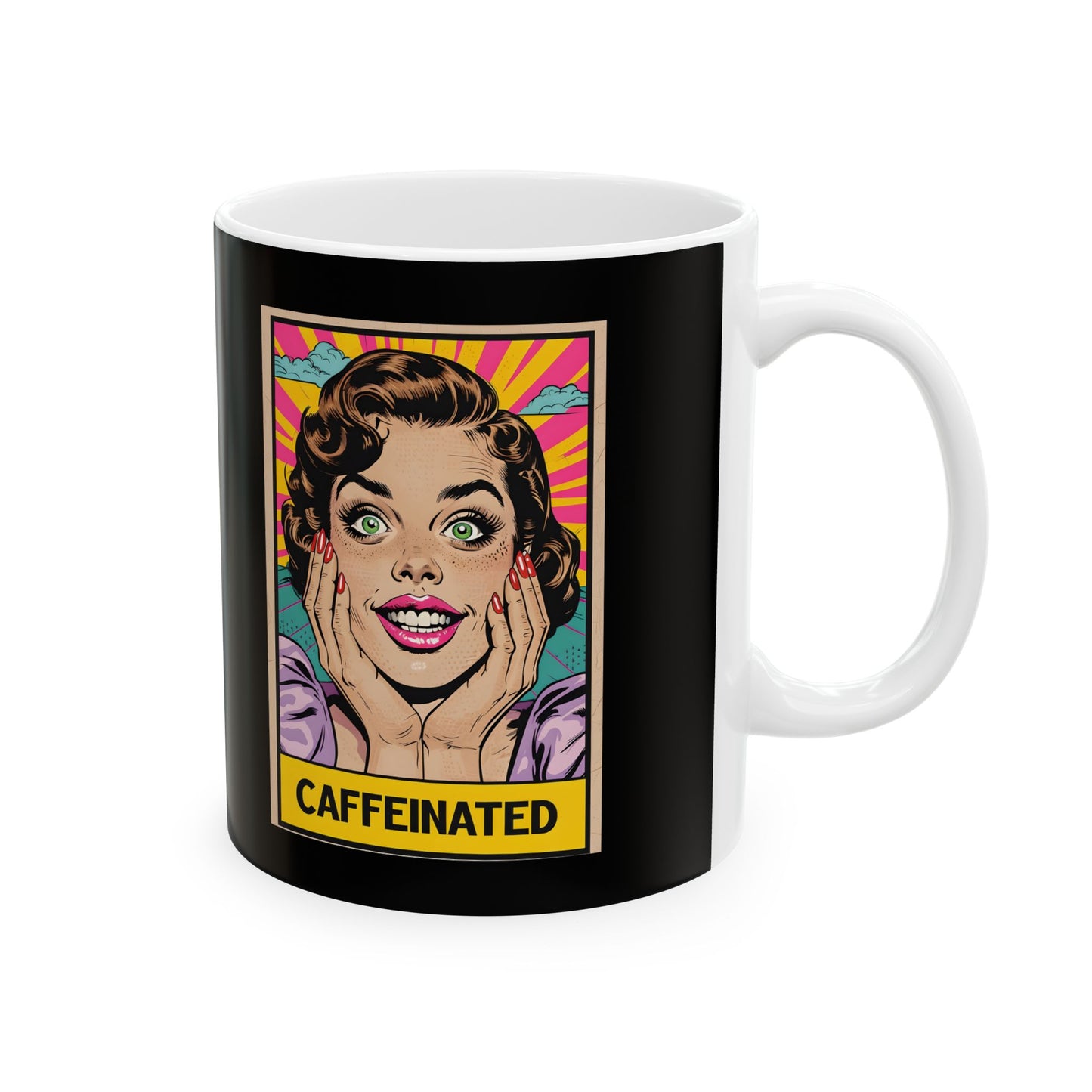 Caffeinated Retro Ceramic Mug - Perfect for Coffee Lovers, Personalized Coffee Mug, Fun Funny Coffee Mug, Coffee Lover Gift Idea, Custom Gift