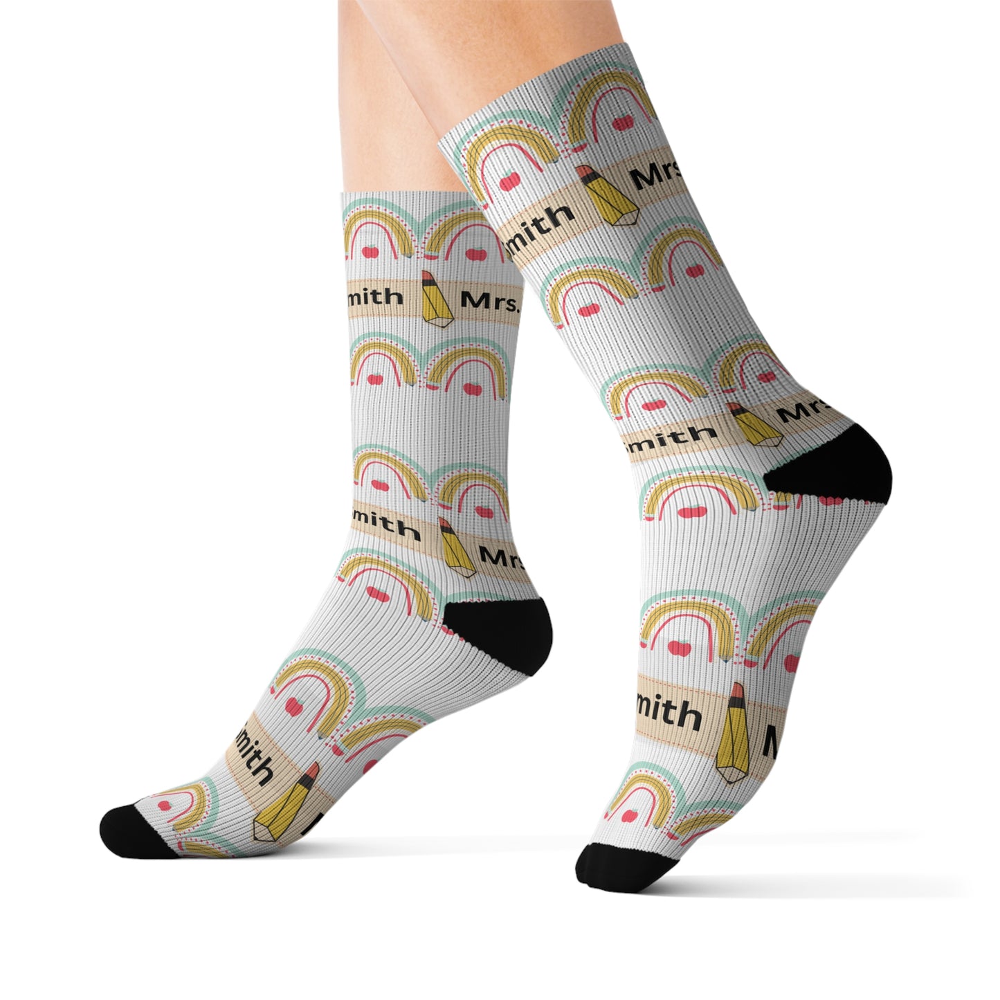 Teacher Customized Name Pencil Apple Rainbow Sublimation Socks - Personalized Teacher Gift, Colorful School Accessories, Custom Teacher