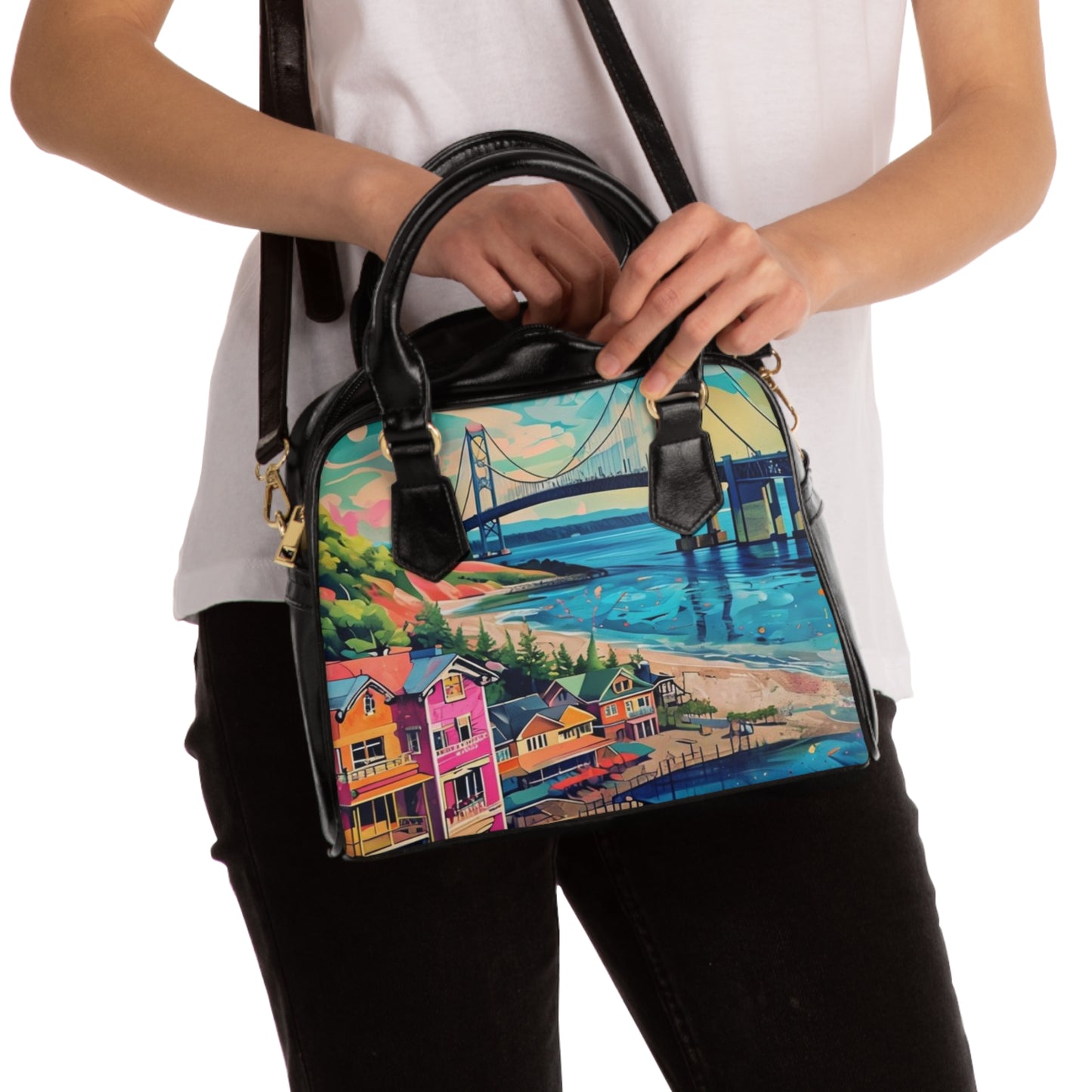 Shoulder Handbag with Mackinac Bridge and Great Lakes Design, Mackinaw City Tote, Michigan Purse, Upper Peninsula Bag, Mackinac Island