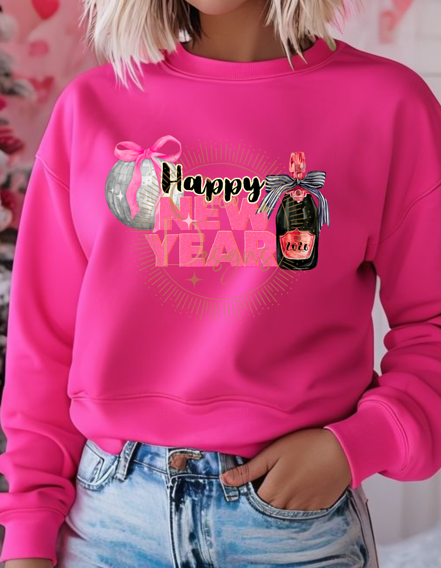Happy New Year 2026 Pink/Black Champagne Bottle Crewneck Sweatshirt Sizes S-5x