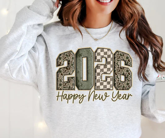 Happy New Year 2026 Brown Leopard Crewneck Sweatshirt Sizes S-3XL