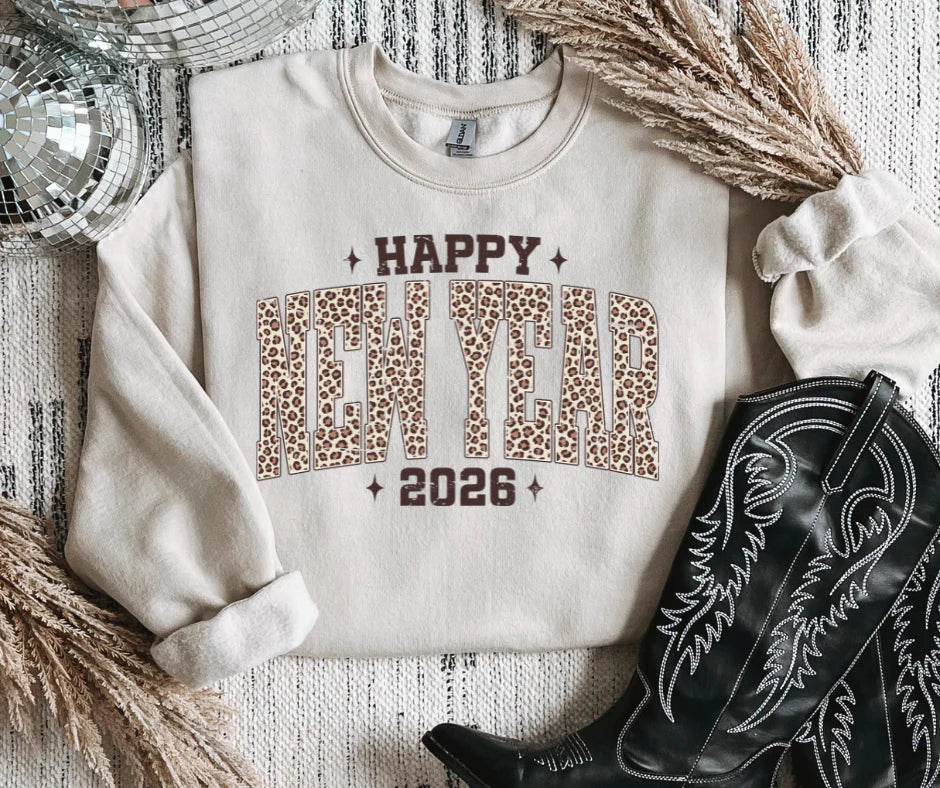 Happy New Year 2026 Brown Leopard Crewneck Sweatshirt Sizes S-3XL