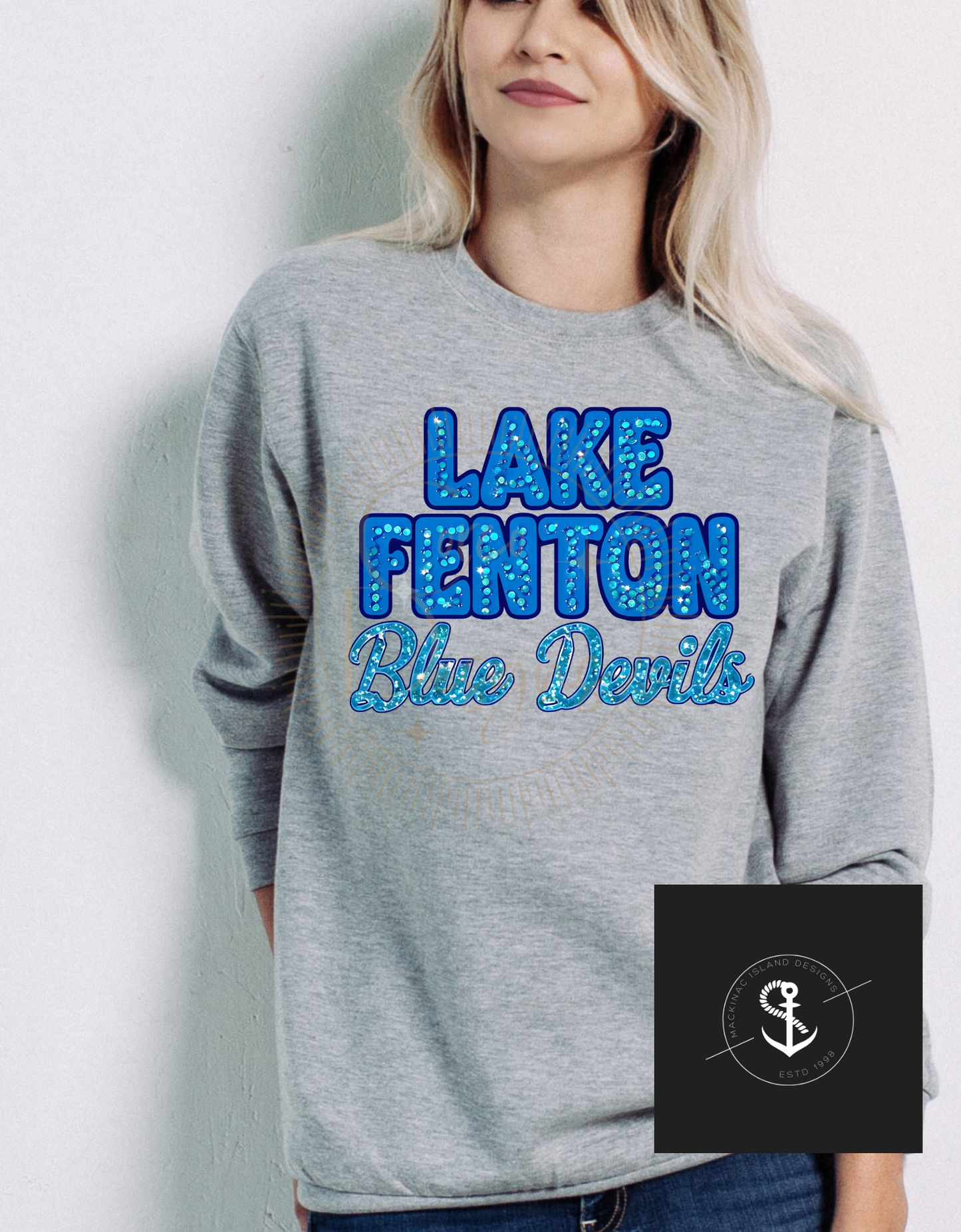 Champion Lake Fenton Blue Devils Crewneck Sweatshirt Glitter Faux Sequin Adult Sizes Small - XL 32.00 2x 3x 36.00
