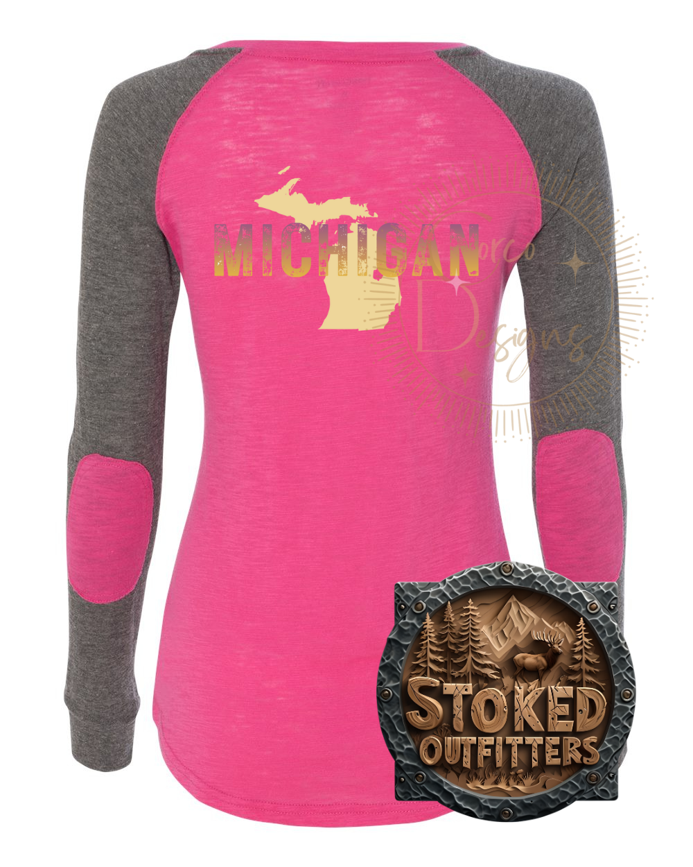 Women’s Preppy Patch Slub Long Sleeve T-Shirt – Michigan Ombre | Hot Pink & Gray | XS–XL by Stoked Outfitters
