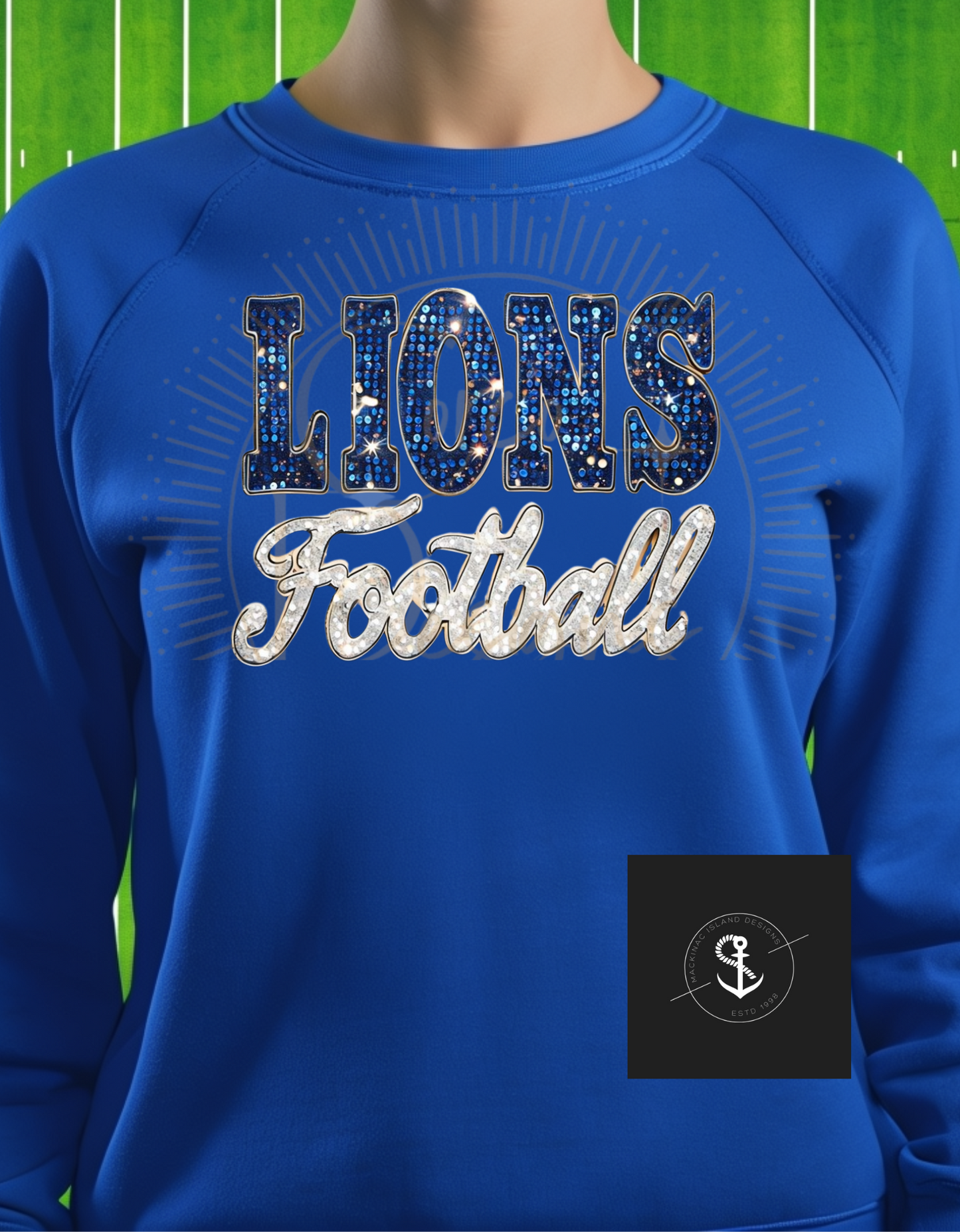 Champion Lions Football Crewneck Sweatshirt Glitter Faux Bling Adult Sizes Small - XL 32.00 2x 3x 36.00