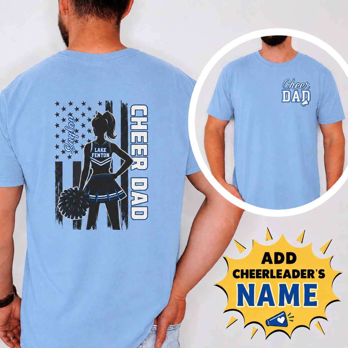 LAKE FENTON Cheer Dad PERSONALIZED SWEATSHIRT or T-Shirt COMFORT COLORS SIZES S-4XL ADULT