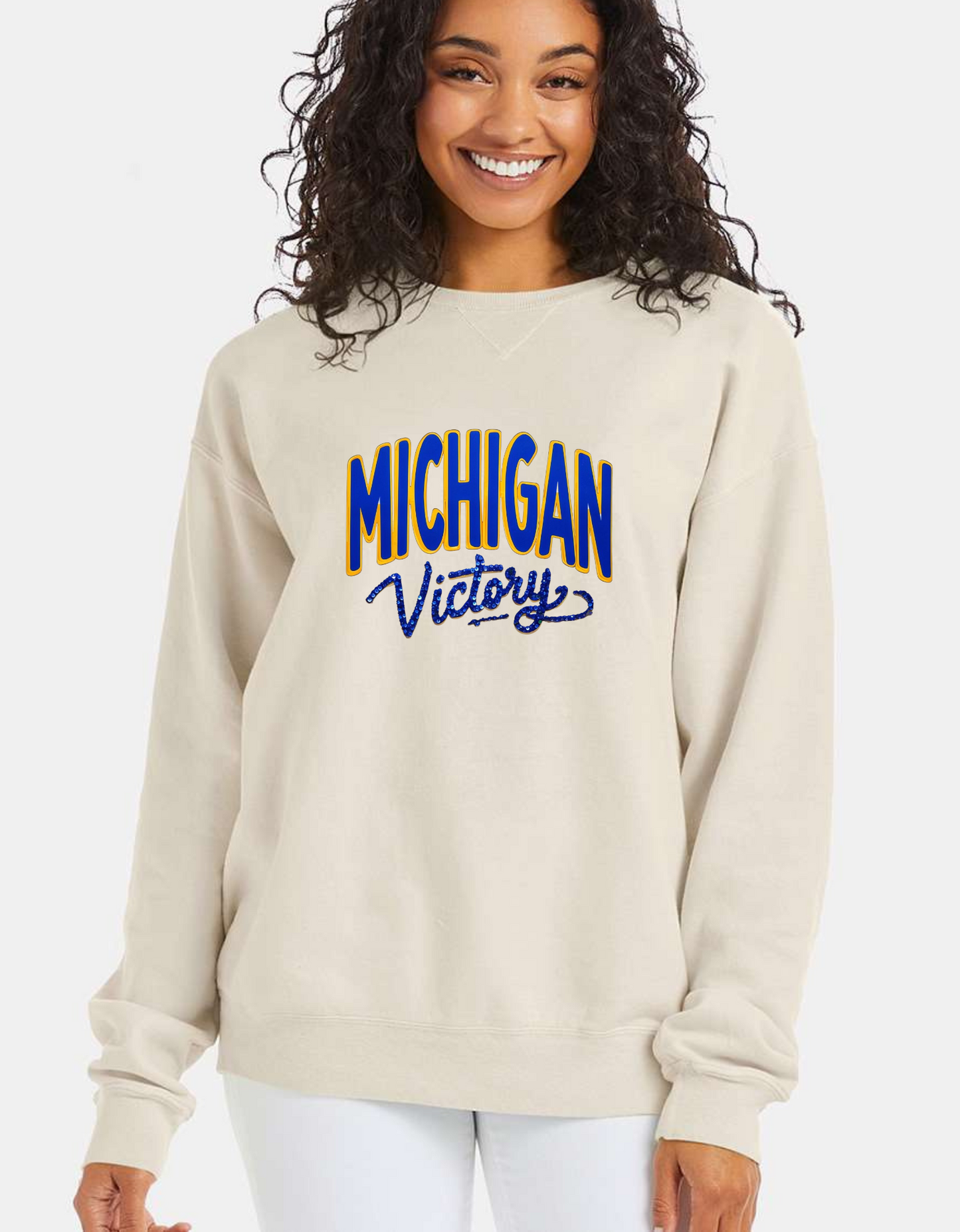 Michigan Victory Faux Glitter Cozy Crewneck Sweatshirt by Comfort Wash Sizes S-5XL Unisex Fit