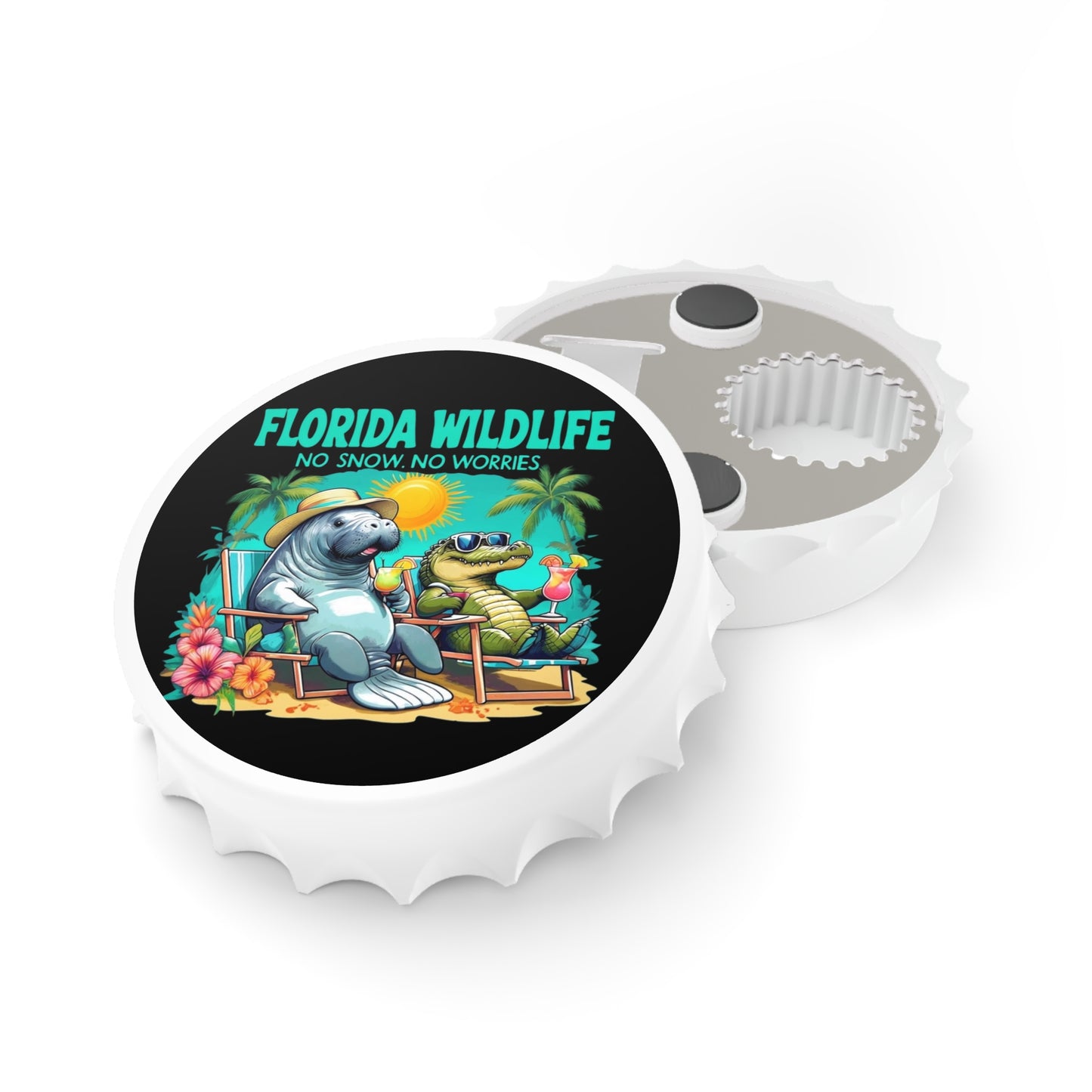 Bottle Opener - Florida Retirement Wildlife Beach Theme, Alligator Man Cave Cocktails No Snow Manatee Snowbirds, Gift for Beach Lover,