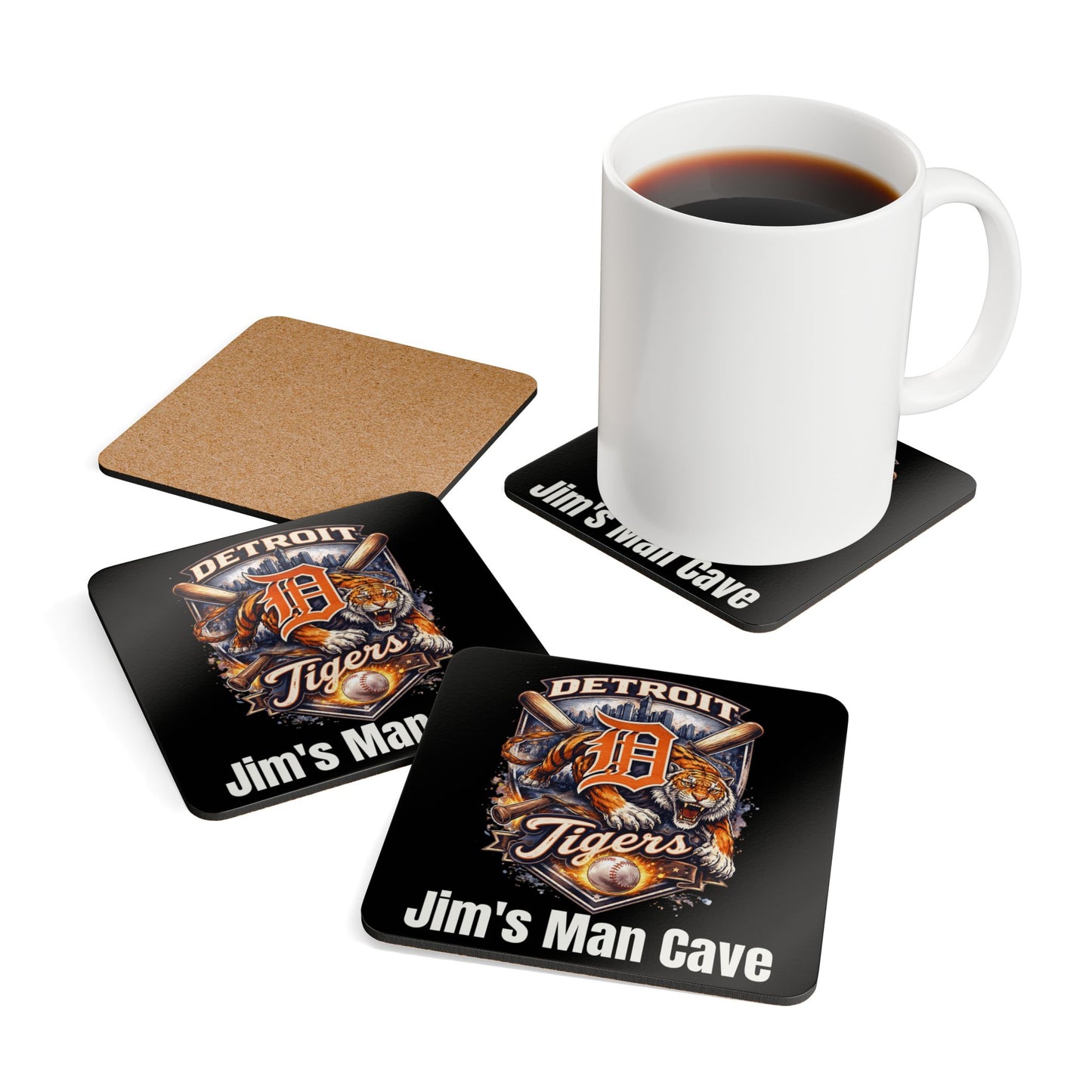 Detroit Tigers Cork Coaster Set — Personalized "Jim's Man Cave" Bar Coasters, Valentine's Day Gift for Him, Father's Day, Birthday