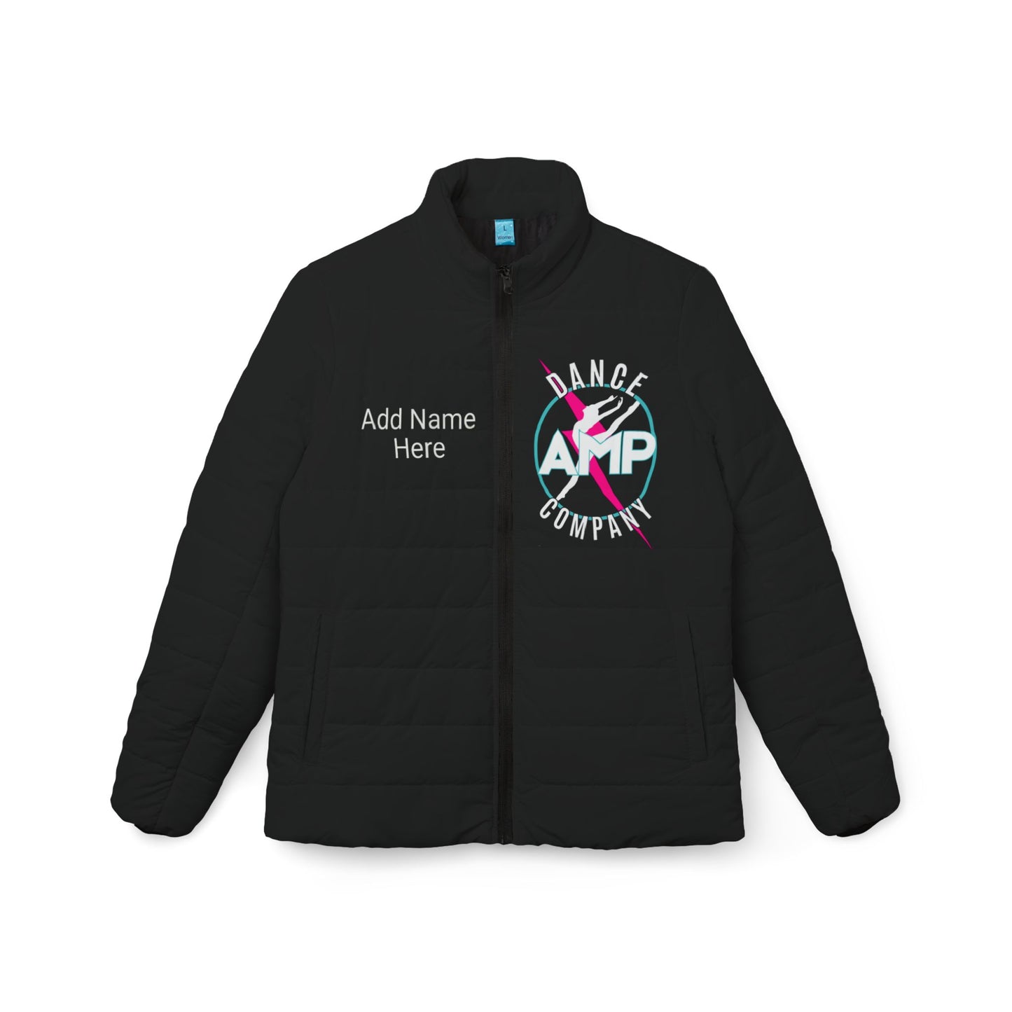 AMP Dance Logo Puffer Ladies Jacket, Custom Create Jacket For Your Dance Studio, Dance Mom, Personalized