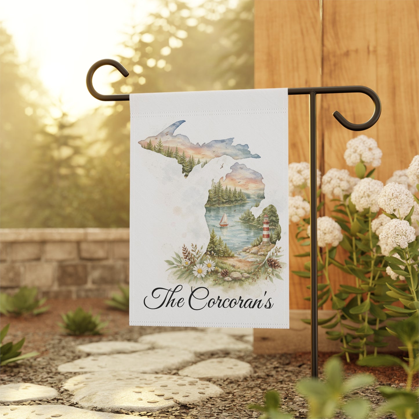 Michigan Watercolor Landscape Garden Flag | Lighthouse Lake Scene, House Flag, Lighthouse, Lake House Decor, Personalized Custom Gift