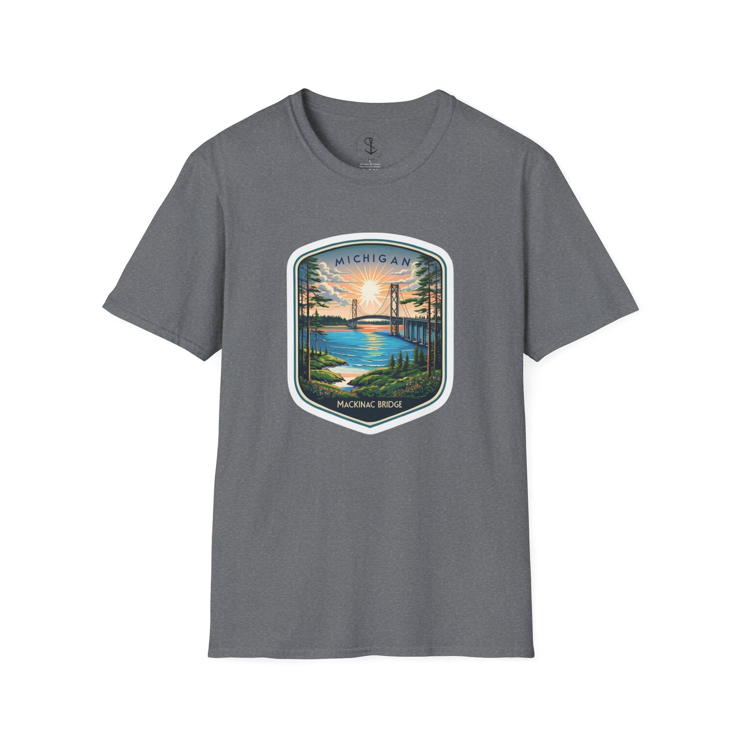 Michigan Mackinac Bridge Unisex Softstyle T-Shirt, Upper Peninsula Souvenir Gift Tee, Great Lakes Travel Shirt, Michigan Bridge Graphic Tee