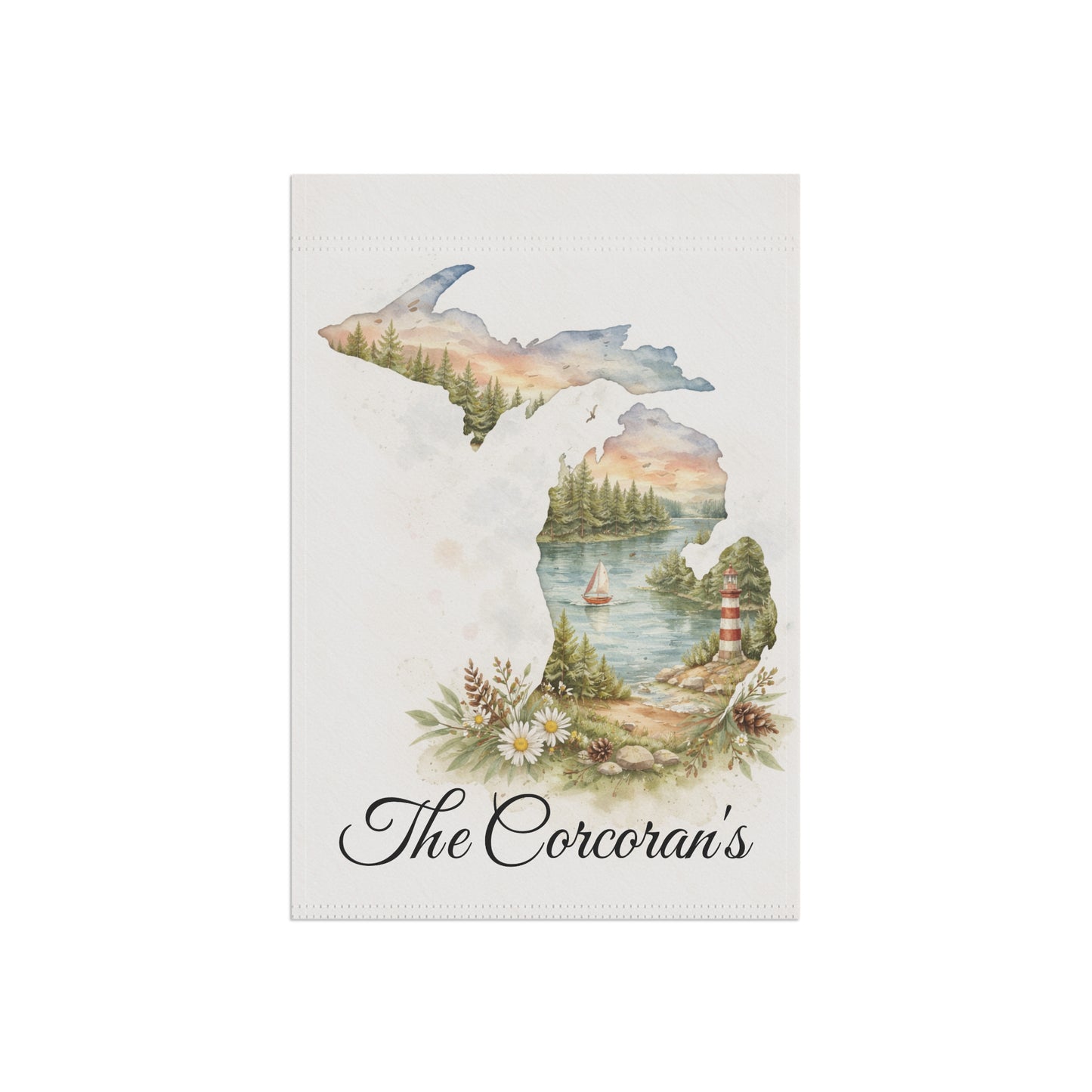 Michigan Watercolor Landscape Garden Flag | Lighthouse Lake Scene, House Flag, Lighthouse, Lake House Decor, Personalized Custom Gift