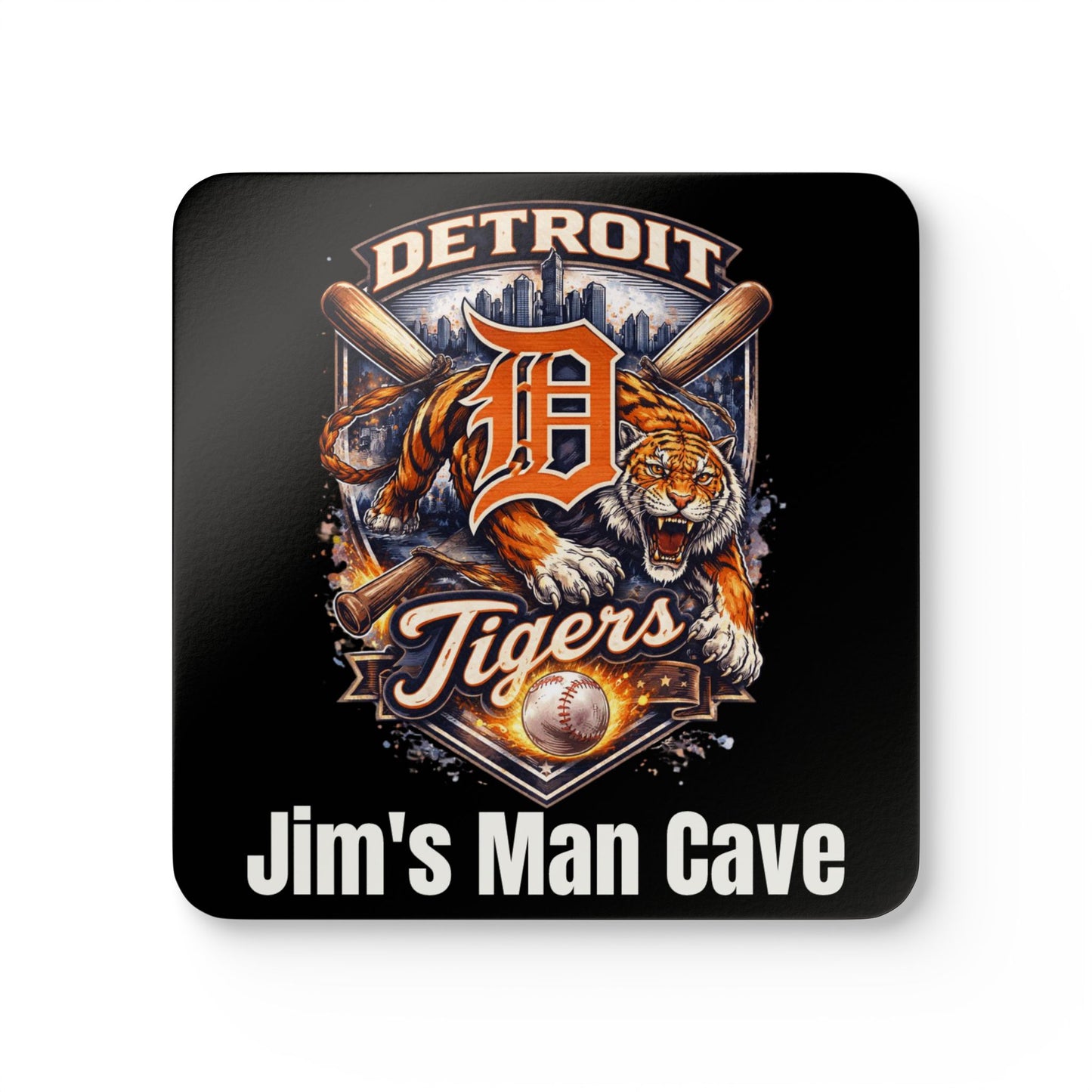 Detroit Tigers Cork Coaster Set — Personalized "Jim's Man Cave" Bar Coasters, Valentine's Day Gift for Him, Father's Day, Birthday