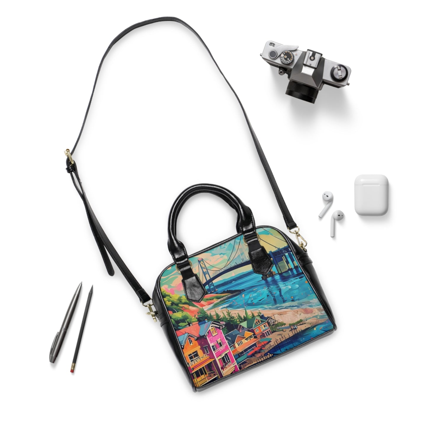 Shoulder Handbag with Mackinac Bridge and Great Lakes Design, Mackinaw City Tote, Michigan Purse, Upper Peninsula Bag, Mackinac Island