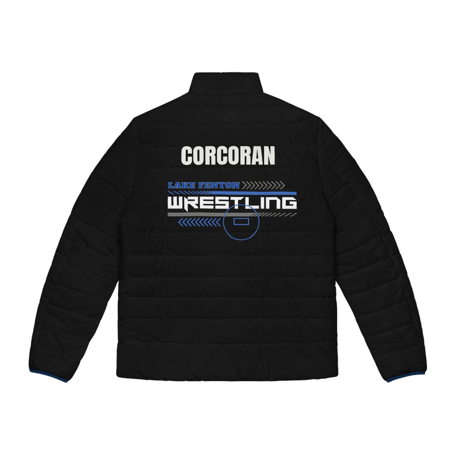 Lake Fenton Wrestling Name Puffer Jacket | Wrestling Sleeve Logo, Blue Devils, Customize, Personalize,