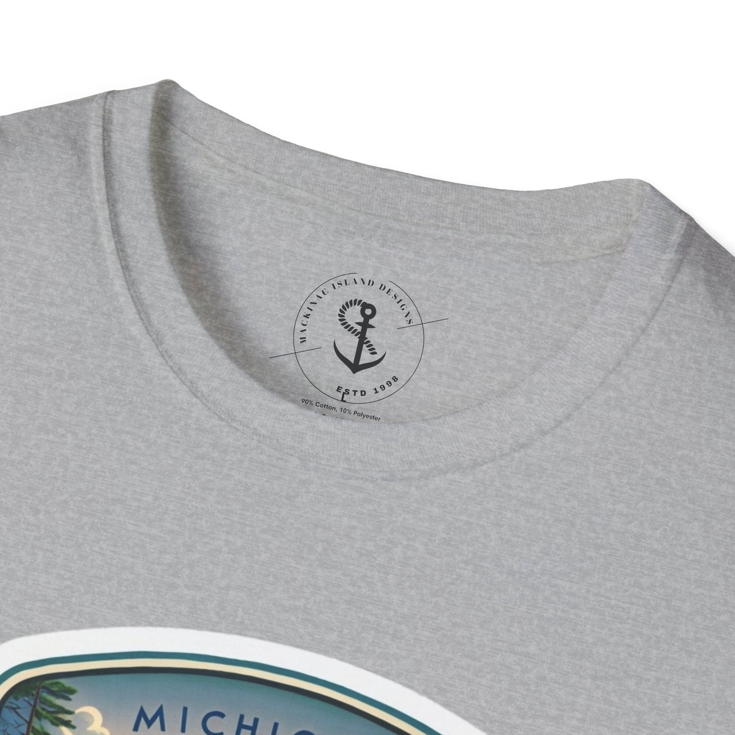 Michigan Mackinac Bridge Unisex Softstyle T-Shirt, Upper Peninsula Souvenir Gift Tee, Great Lakes Travel Shirt, Michigan Bridge Graphic Tee