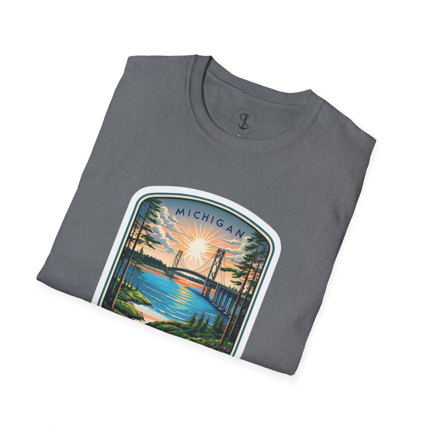 Michigan Mackinac Bridge Unisex Softstyle T-Shirt, Upper Peninsula Souvenir Gift Tee, Great Lakes Travel Shirt, Michigan Bridge Graphic Tee