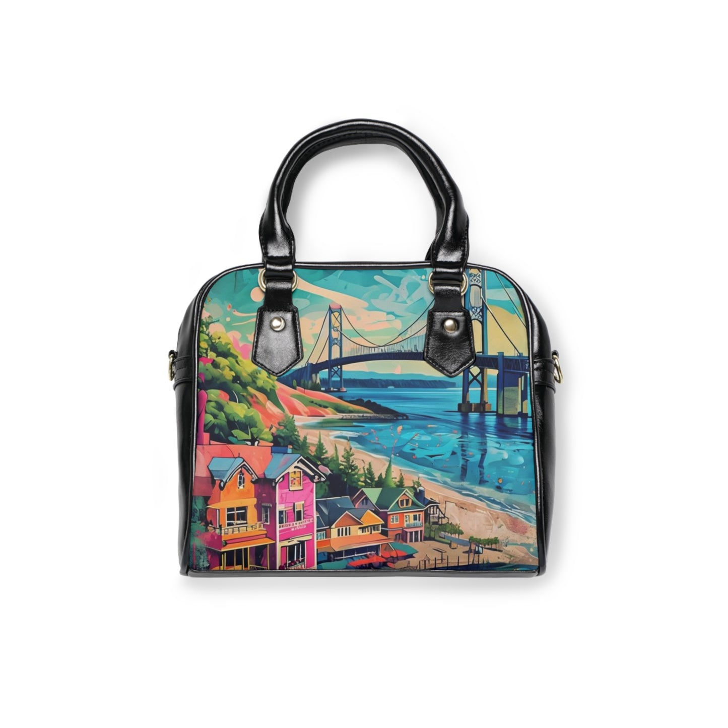 Shoulder Handbag with Mackinac Bridge and Great Lakes Design, Mackinaw City Tote, Michigan Purse, Upper Peninsula Bag, Mackinac Island