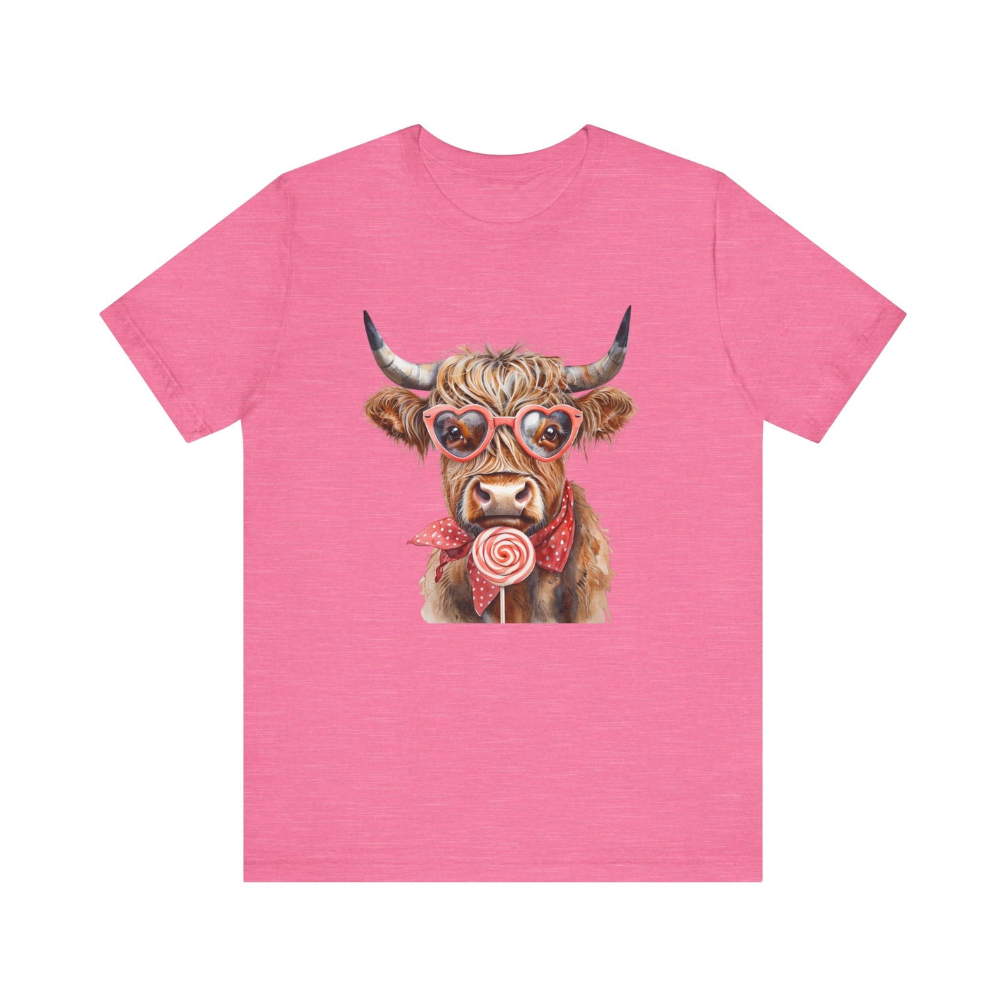 Highland Cow Valentine's Day Unisex Tee, Sucker, Sunglasses Lollipop Shirt, Funny Graphic T-Shirt, Gift for Her, Cow Lover Top