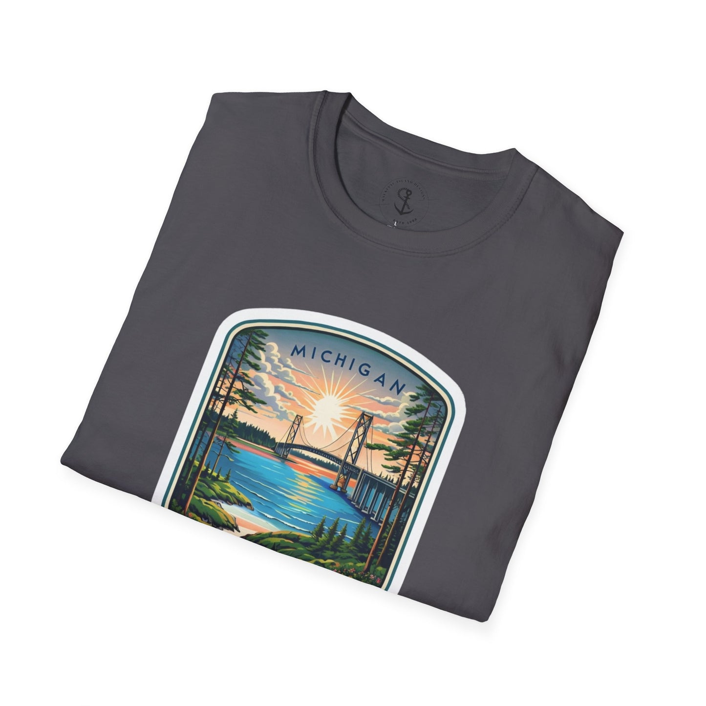 Michigan Mackinac Bridge Unisex Softstyle T-Shirt, Upper Peninsula Souvenir Gift Tee, Great Lakes Travel Shirt, Michigan Bridge Graphic Tee