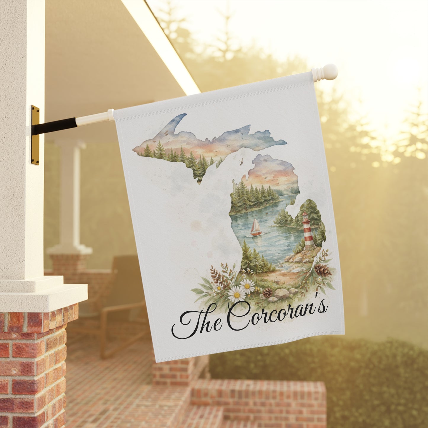 Michigan Watercolor Landscape Garden Flag | Lighthouse Lake Scene, House Flag, Lighthouse, Lake House Decor, Personalized Custom Gift