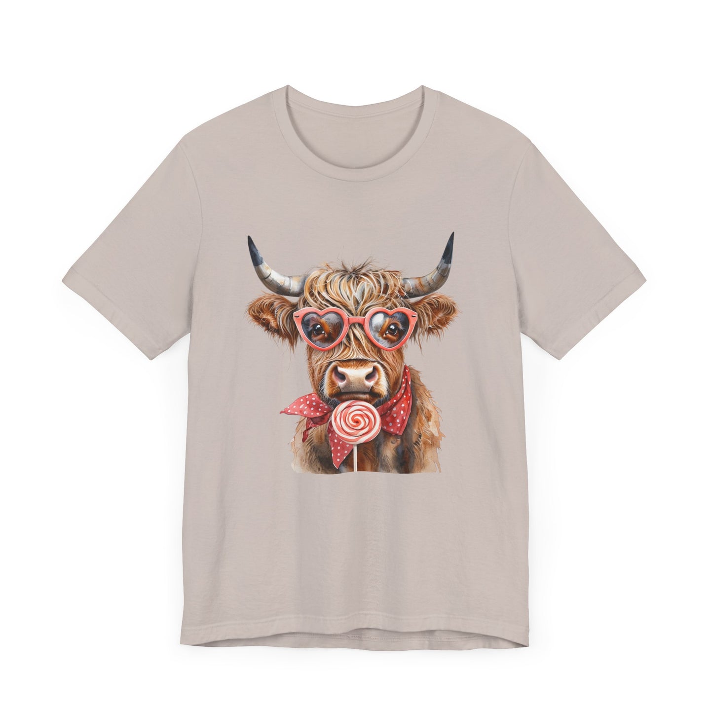 Highland Cow Valentine's Day Unisex Tee, Sucker, Sunglasses Lollipop Shirt, Funny Graphic T-Shirt, Gift for Her, Cow Lover Top