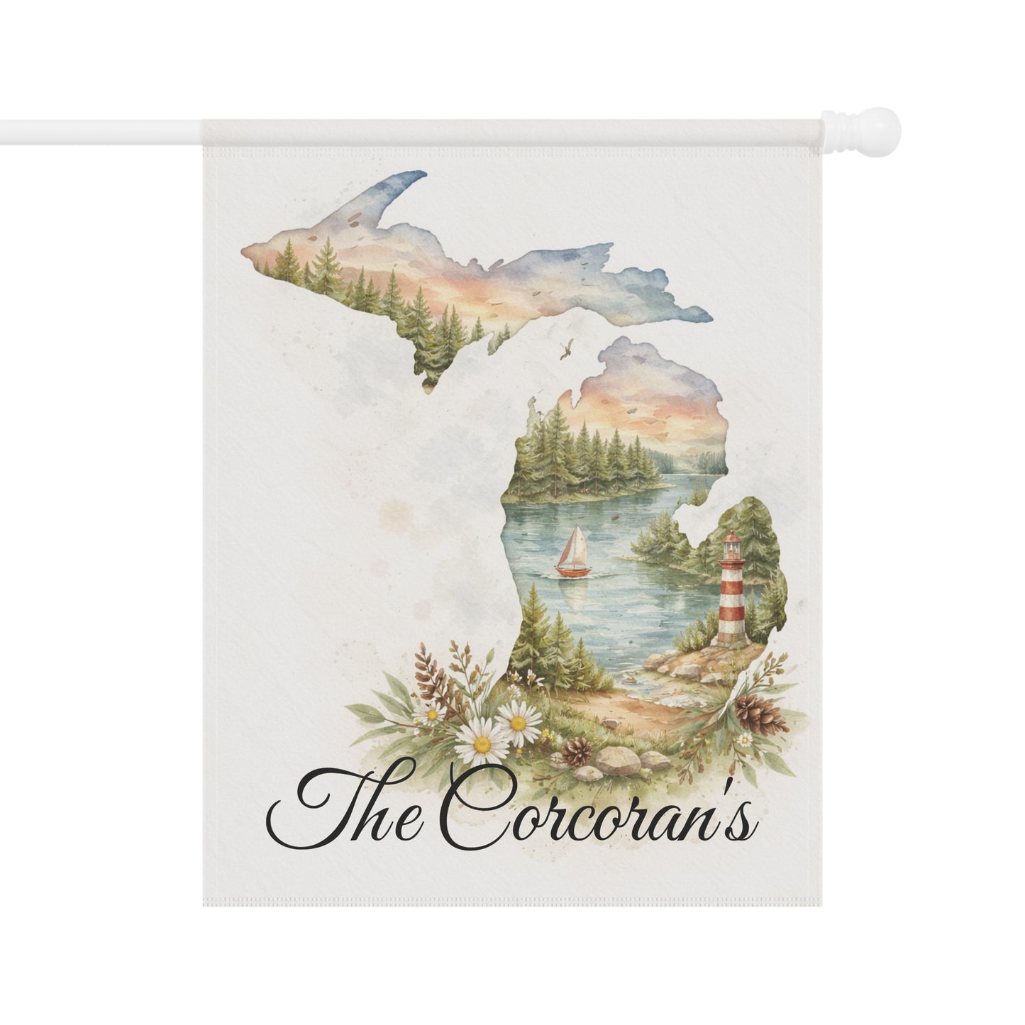 Michigan Watercolor Landscape Garden Flag | Lighthouse Lake Scene, House Flag, Lighthouse, Lake House Decor, Personalized Custom Gift