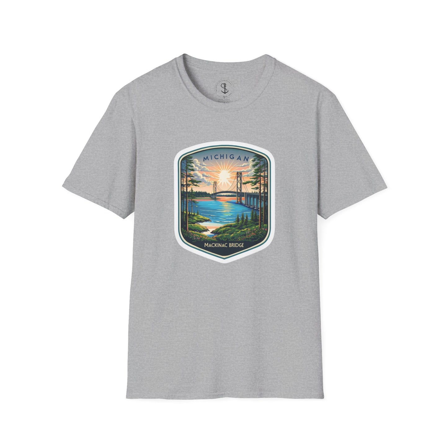 Michigan Mackinac Bridge Unisex Softstyle T-Shirt, Upper Peninsula Souvenir Gift Tee, Great Lakes Travel Shirt, Michigan Bridge Graphic Tee