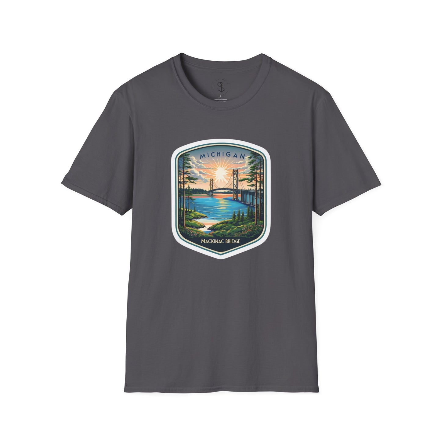 Michigan Mackinac Bridge Unisex Softstyle T-Shirt, Upper Peninsula Souvenir Gift Tee, Great Lakes Travel Shirt, Michigan Bridge Graphic Tee