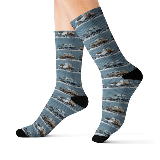 Vintage Snowmobiles Fun Sublimation Socks, Retro Snowmobile Print, Novelty Winter Socks, Gift for Snowmobile Enthusiasts, Unique Skiing