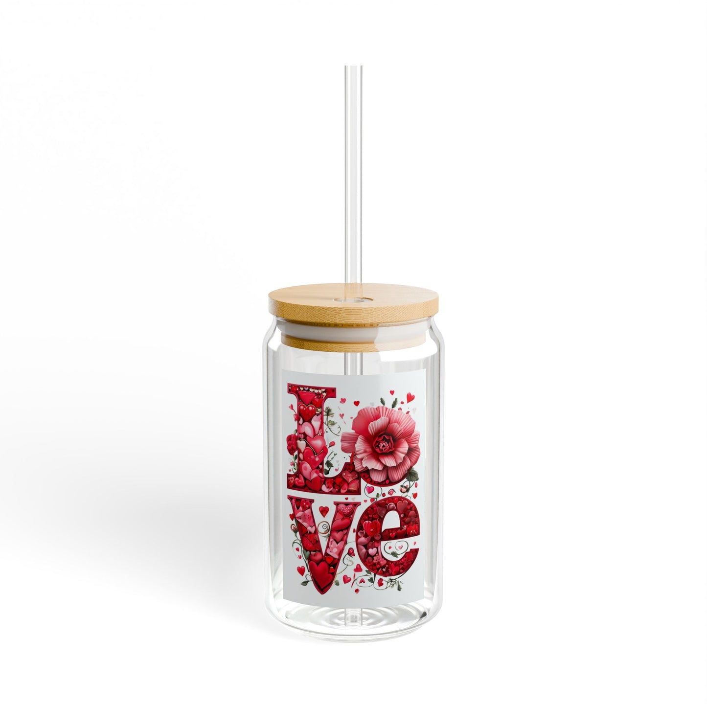 Valentines Sipper Glass, 16oz with Lid & Straw, LOVE Heart, Gifts for Her, Valentines Day Gift Idea, Reusable Tumbler Cup