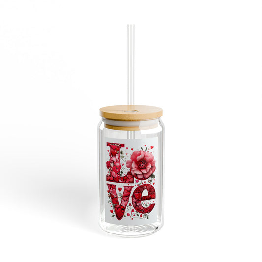 Valentines Sipper Glass, 16oz with Lid & Straw, LOVE Heart, Gifts for Her, Valentines Day Gift Idea, Reusable Tumbler Cup