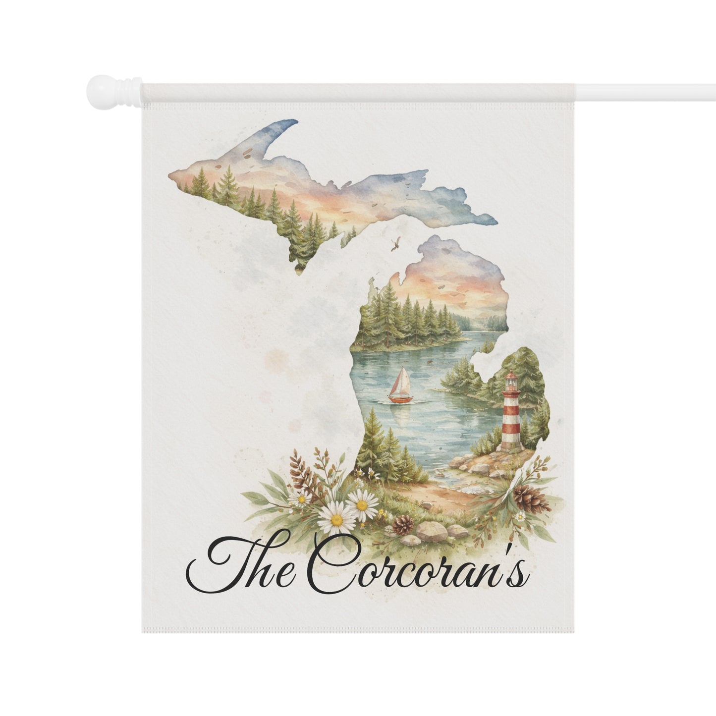 Michigan Watercolor Landscape Garden Flag | Lighthouse Lake Scene, House Flag, Lighthouse, Lake House Decor, Personalized Custom Gift