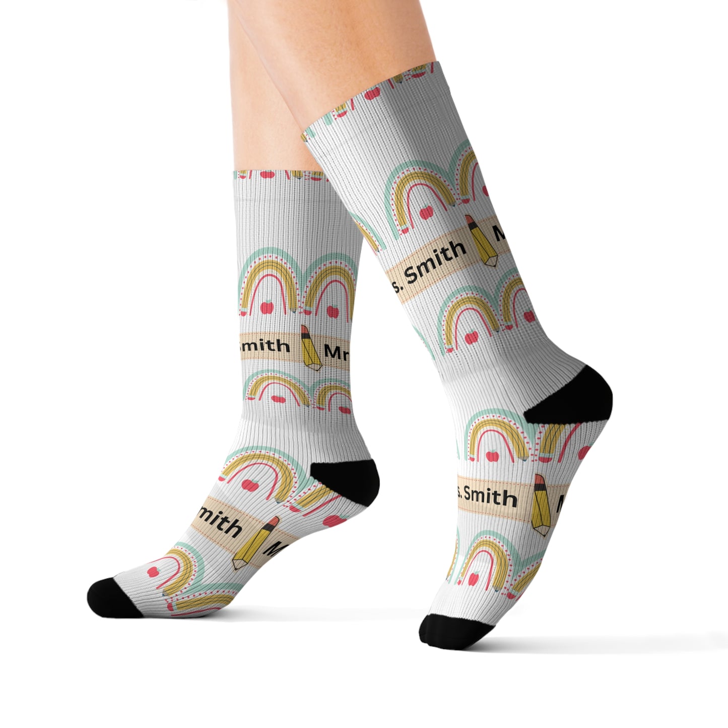 Teacher Customized Name Pencil Apple Rainbow Sublimation Socks - Personalized Teacher Gift, Colorful School Accessories, Custom Teacher