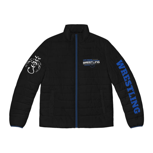 Lake Fenton Wrestling Name Puffer Jacket | Wrestling Sleeve Logo, Blue Devils, Customize, Personalize,