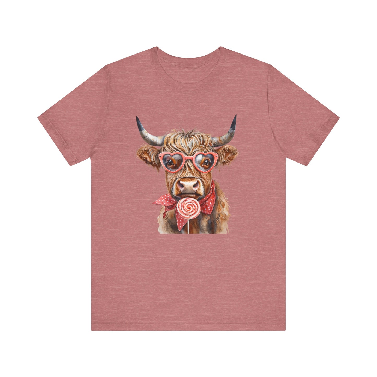 Highland Cow Valentine's Day Unisex Tee, Sucker, Sunglasses Lollipop Shirt, Funny Graphic T-Shirt, Gift for Her, Cow Lover Top