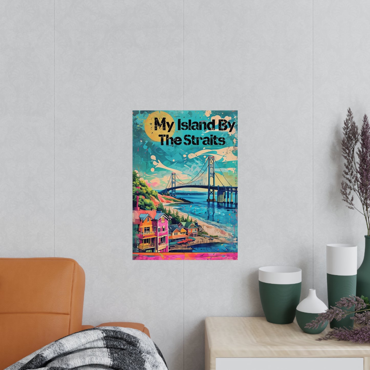 Michigan Landscape Poster, Mackinac Island Wall Art, Bridge Print, Great Lakes Decor, Straits of Mackinac Art, Island Travel Souvenir,