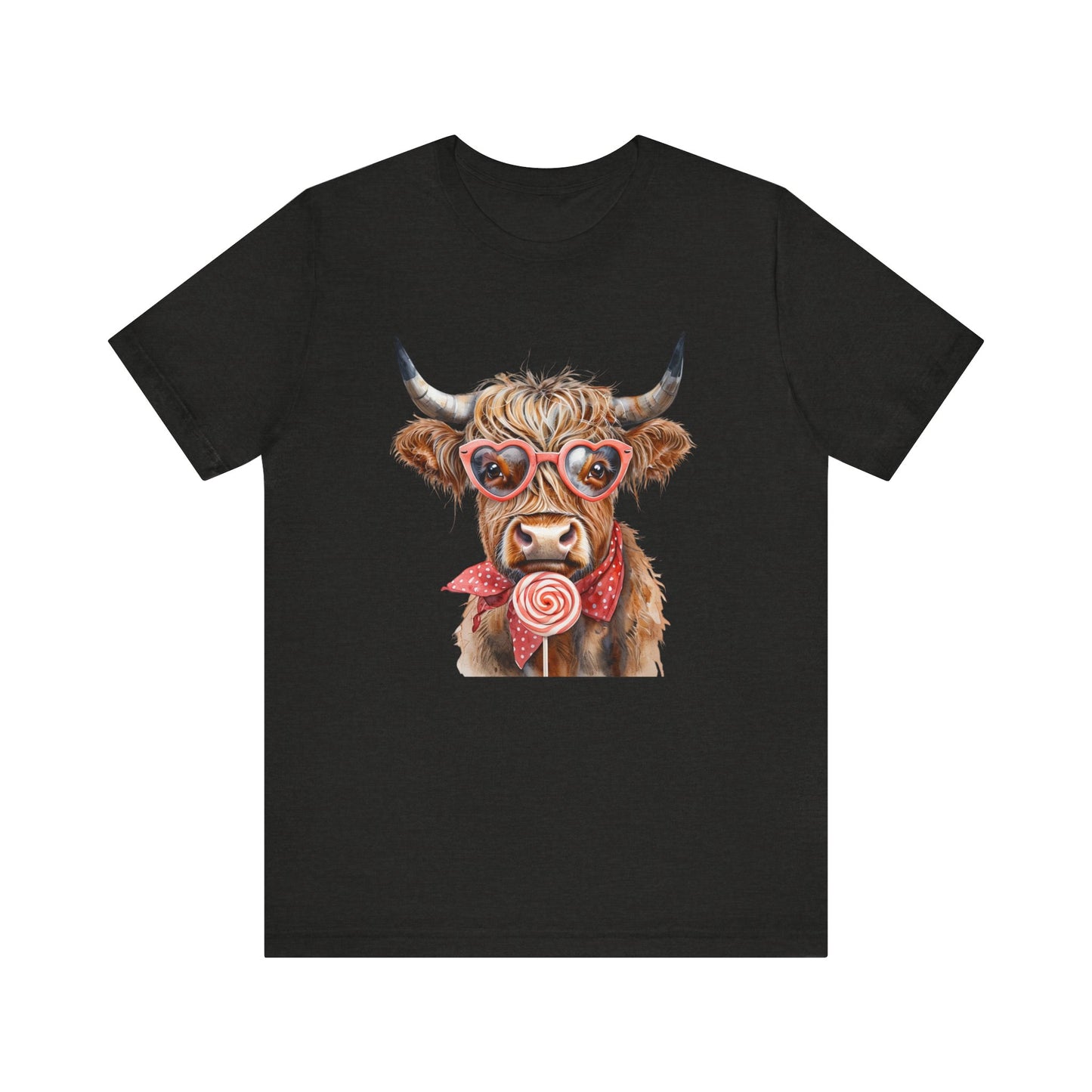 Highland Cow Valentine's Day Unisex Tee, Sucker, Sunglasses Lollipop Shirt, Funny Graphic T-Shirt, Gift for Her, Cow Lover Top