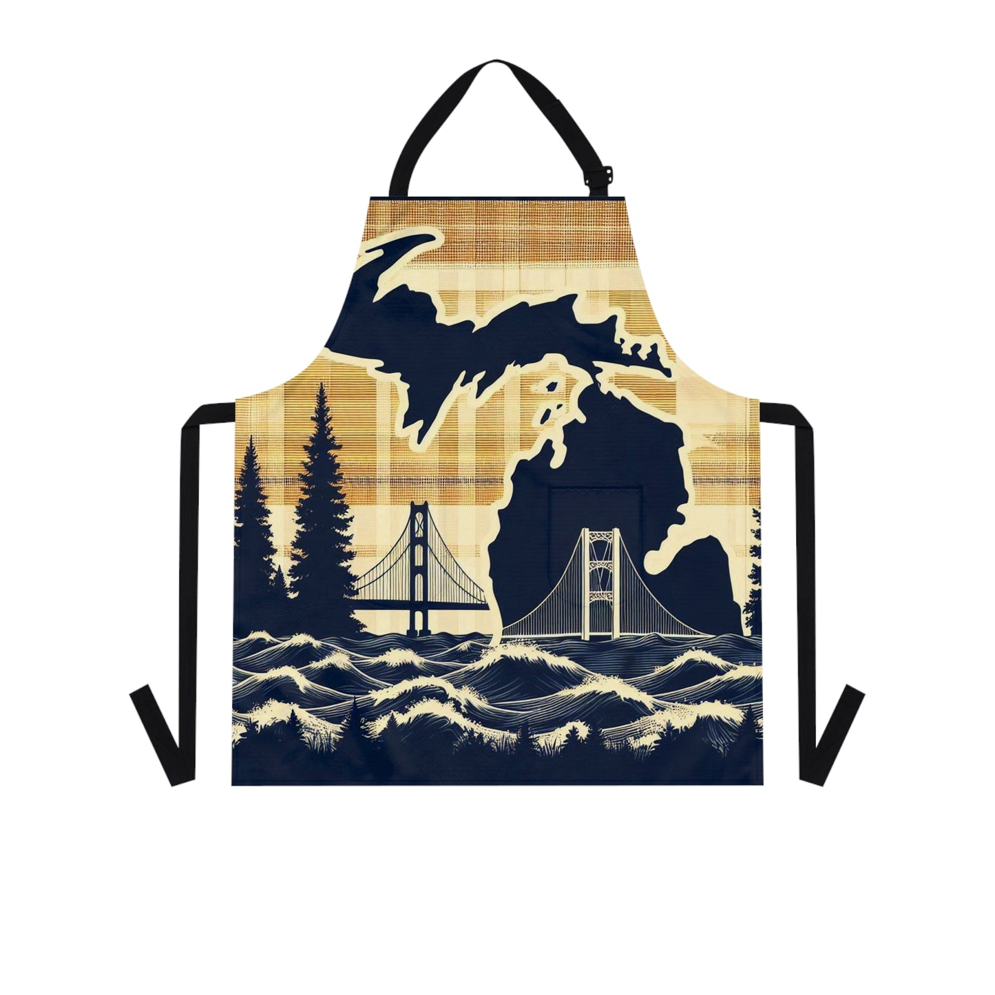 Michigan State Apron - Mackinac Bridge Plaid Design, Upper Peninsula Kitchen Cooking, Great Lakes State, Gift for Chef, Cooking Apron for