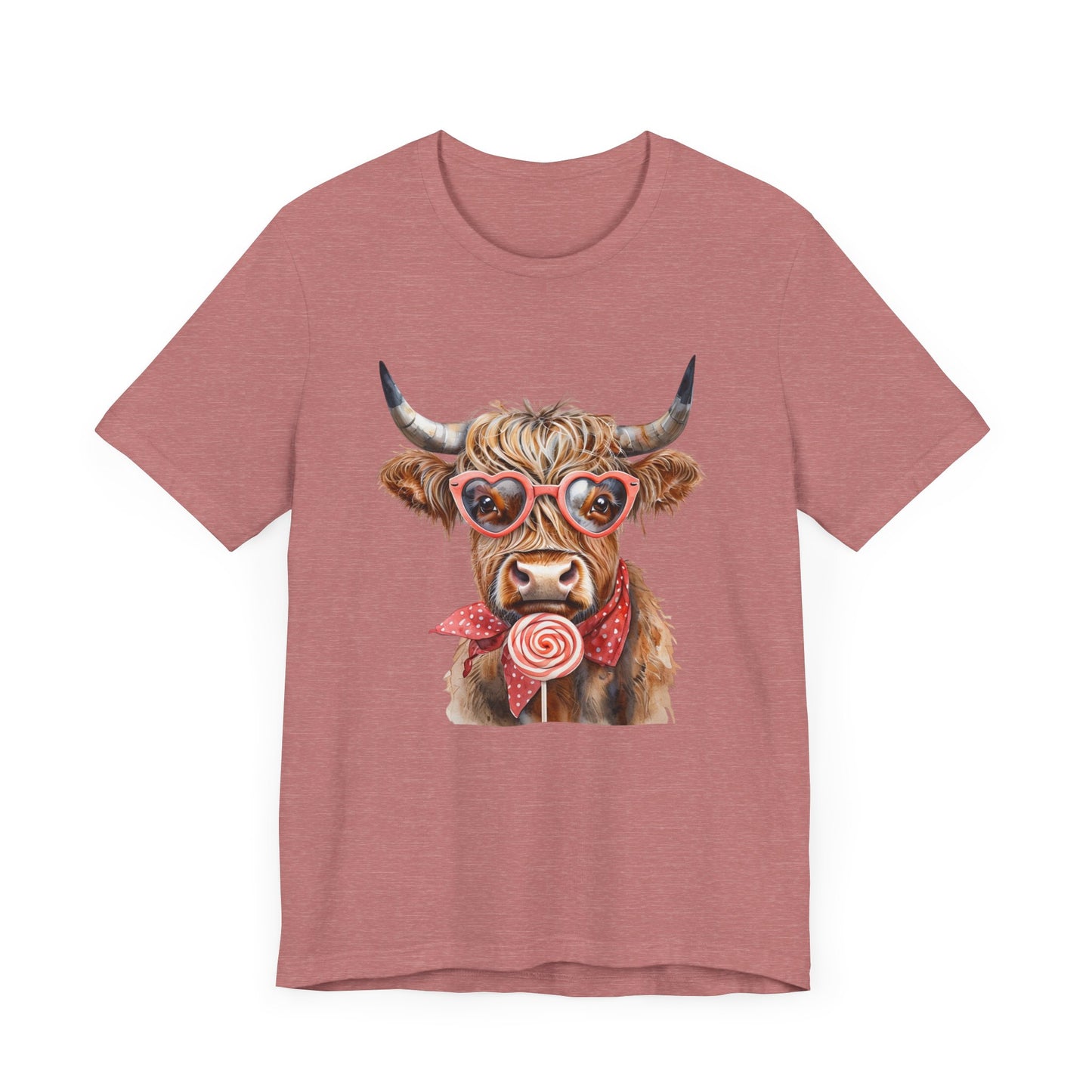 Highland Cow Valentine's Day Unisex Tee, Sucker, Sunglasses Lollipop Shirt, Funny Graphic T-Shirt, Gift for Her, Cow Lover Top