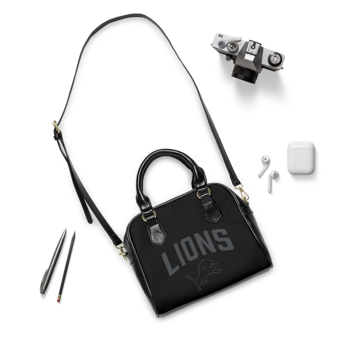 Lions Logo Shoulder Handbag — Sleek Black Team Tote