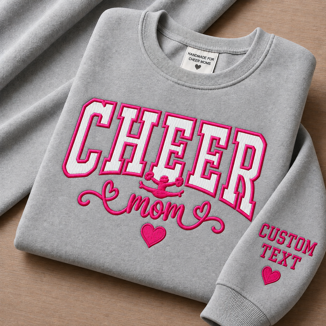 Personalized Cheer Mom Embroidered Sweatshirt | Gildan Softstyle Cheer Mom Crewneck | Custom Name Sleeve S-4XL Adult Unisex Fit
