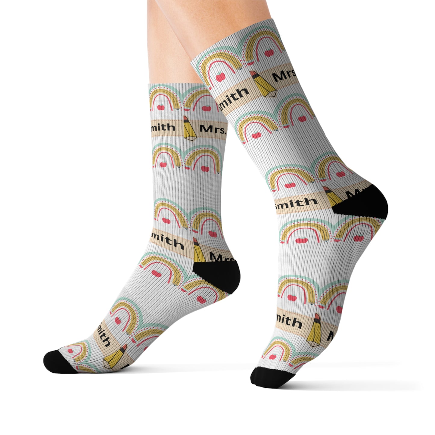 Teacher Customized Name Pencil Apple Rainbow Sublimation Socks - Personalized Teacher Gift, Colorful School Accessories, Custom Teacher
