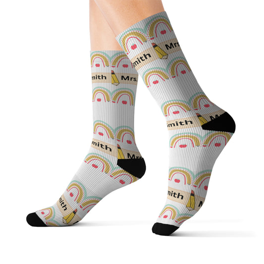 Teacher Customized Name Pencil Apple Rainbow Sublimation Socks - Personalized Teacher Gift, Colorful School Accessories, Custom Teacher